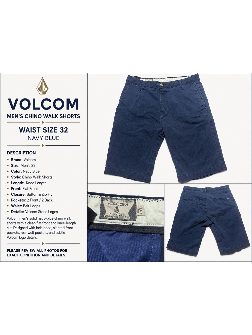 Volcom Men’s Size 32 Navy Blue Chino Walk Shorts Flat Front Logo